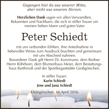 Traueranzeige von Peter Schiedt von WVG - Wochenspiegel NMB / WSF / ZTZ