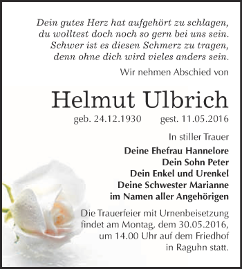 Traueranzeige von Helmut Ulbrich von WVG - Wochenspiegel Bitterfeld