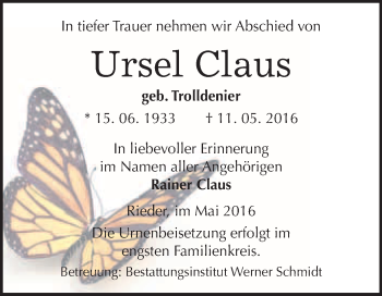 Traueranzeige von Ursel Claus von WVG - Wochenspiegel Quedlinburg