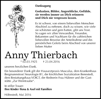 Traueranzeige von Anny Thierbach von Mitteldeutsche Zeitung Halle/Saalkreis