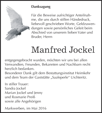 Traueranzeige von Manfred Jockel von WVG - Wochenspiegel NMB / WSF / ZTZ