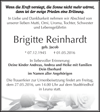Traueranzeige von Brigitte Reinhardt von WVG - Wochenspiegel Merseburg