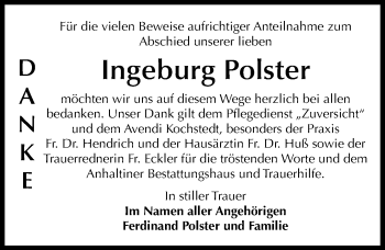 Traueranzeige von Ingeburg Polster von Mitteldeutsche Zeitung Dessau-Roßlau