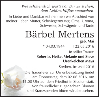 Traueranzeige von Bärbel Mertens von Mitteldeutsche Zeitung Mansfelder Land