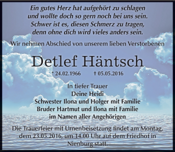 Traueranzeige von Detlef Häntsch von Mitteldeutsche Zeitung Bernburg