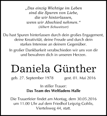 Traueranzeige von Daniela Günther von Mitteldeutsche Zeitung Halle/Saalkreis
