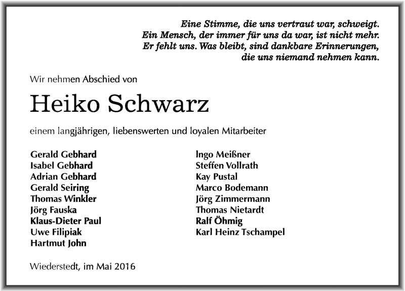  Traueranzeige für Heiko Schwarz vom 28.05.2016 aus Mitteldeutsche Zeitung Mansfelder Land