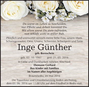 Traueranzeige von Inge Günther von Mitteldeutsche Zeitung Merseburg/Querfurt