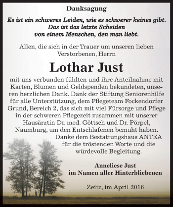 Traueranzeige von Lothar Just von Mitteldeutsche Zeitung Zeitz