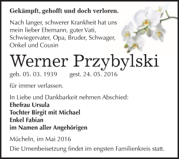 Traueranzeige von Werner Przybylski von WVG - Wochenspiegel Merseburg