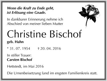 Traueranzeige von Christine Bischof von Mitteldeutsche Zeitung Mansfelder Land