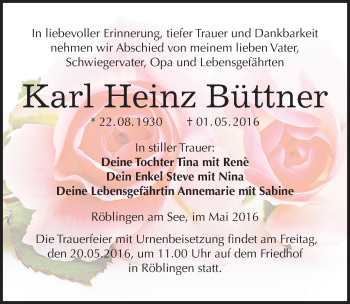 Traueranzeige von Karl Heinz Büttner von Mitteldeutsche Zeitung Mansfelder Land