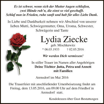 Traueranzeige von Lydia Ziecke von WVG - Wochenspiegel Dessau / Köthen