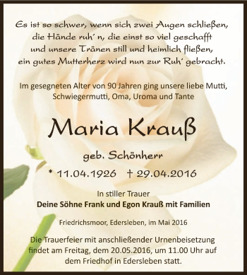 Traueranzeige von Maria Krauß von Super Sonntag SGH Mansf. Land