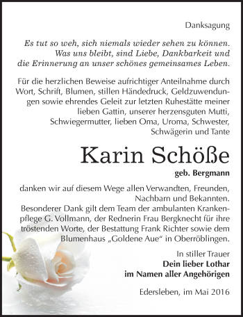 Traueranzeige von Karin Schöße von Mitteldeutsche Zeitung Sangerhausen