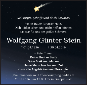 Traueranzeige von Wolfgang Günter Stein von Mitteldeutsche Zeitung Bitterfeld