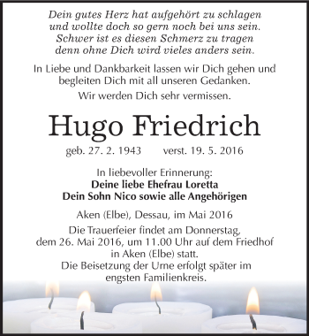 Traueranzeige von Hugo Friedrich von Mitteldeutsche Zeitung Köthen