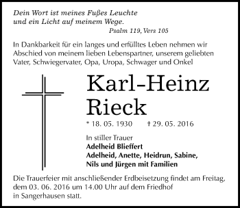 Traueranzeige von Karl-Heinz Rieck von Mitteldeutsche Zeitung Sangerhausen