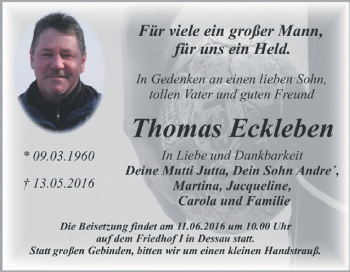 Traueranzeige von Thomas Eckleben von WVG - Wochenspiegel Dessau / Köthen