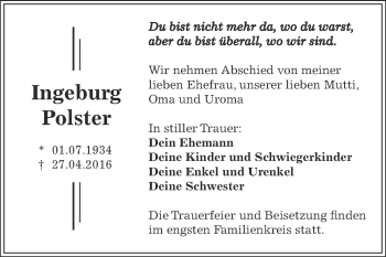 Traueranzeige von Ingeburg Polster von WVG - Wochenspiegel Dessau / Köthen