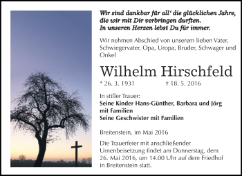 Traueranzeige von Wilhelm Hirschfeld von Super Sonntag SGH Mansf. Land