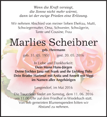 Traueranzeige von Marlies Scheibner von Mitteldeutsche Zeitung Weißenfels