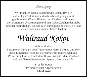 Traueranzeige von Waltraud Kokot von WVG - Wochenspiegel Dessau / Köthen