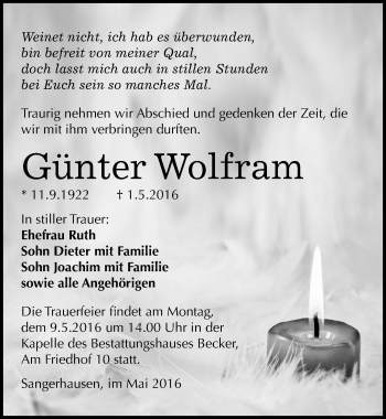 Traueranzeige von Günter Wolfram von Mitteldeutsche Zeitung Sangerhausen
