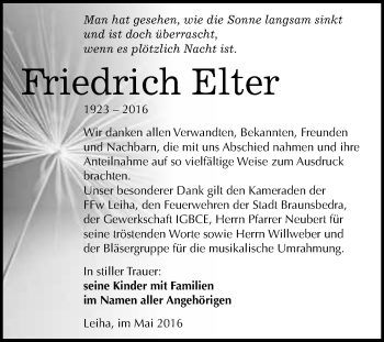 Traueranzeige von Friedrich Elter von WVG - Wochenspiegel Merseburg