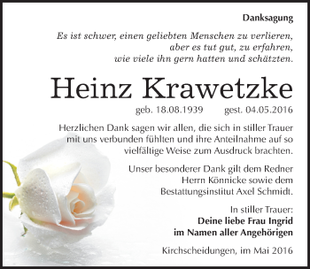 Traueranzeige von Heinz Krawetzke von Mitteldeutsche Zeitung Naumburg/Nebra