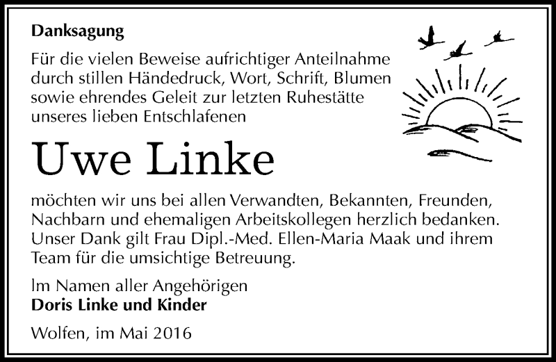  Traueranzeige für Uwe Linke vom 28.05.2016 aus Mitteldeutsche Zeitung Bitterfeld
