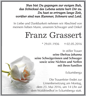 Traueranzeige von Franz Grassert von WVG - Wochenspiegel NMB / WSF / ZTZ