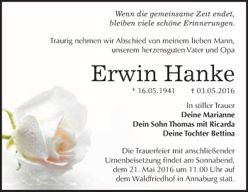 Traueranzeige von Erwin Hanke von WVG - Wochenspiegel Wittenberg