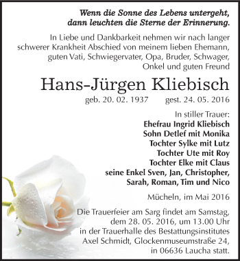 Traueranzeige von Hans-Jürgen Kliebisch von Mitteldeutsche Zeitung Merseburg/Querfurt