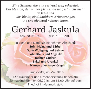 Traueranzeige von Gerhard Jaskula von Mitteldeutsche Zeitung Merseburg/Querfurt