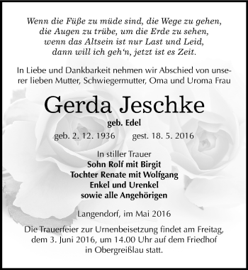Traueranzeige von Gerda Jeschke von Mitteldeutsche Zeitung Weißenfels