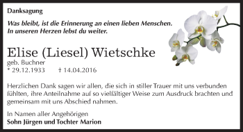 Traueranzeige von Elise Wietschke von Mitteldeutsche Zeitung Dessau-Roßlau