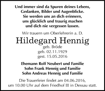 Traueranzeige von Hildegard Hennig von Mitteldeutsche Zeitung Dessau-Roßlau