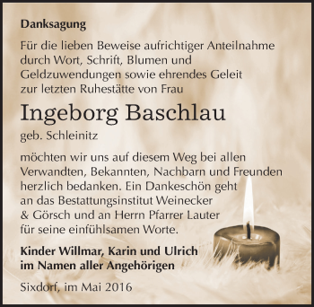 Traueranzeige von Ingeborg Baschlau von Mitteldeutsche Zeitung Bernburg