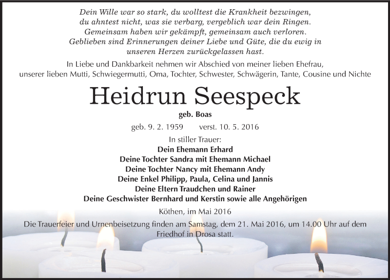  Traueranzeige für Heidrun Seespeck vom 14.05.2016 aus Mitteldeutsche Zeitung Köthen