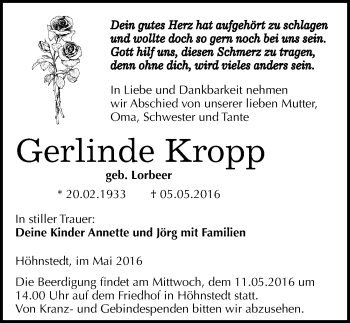 Traueranzeige von Gerlinde Kropp von Mitteldeutsche Zeitung Halle/Saalkreis