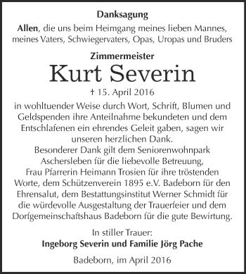 Traueranzeige von Kurt Severin von WVG - Wochenspiegel Quedlinburg