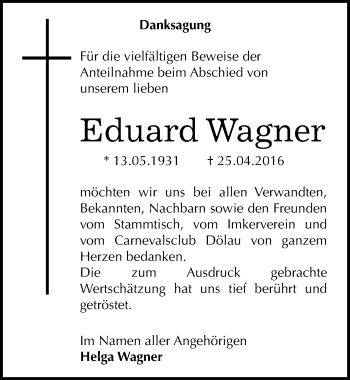 Traueranzeige von Eduard Wagner von Mitteldeutsche Zeitung Halle/Saalkreis