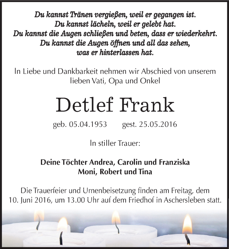  Traueranzeige für Detlef Frank vom 28.05.2016 aus Mitteldeutsche Zeitung Aschersleben