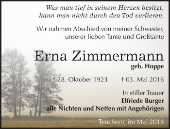 Traueranzeige von Erna Zimmermann von Mitteldeutsche Zeitung Weißenfels