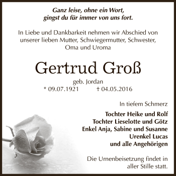 Traueranzeige von Gertrud Groß von WVG - Wochenspiegel Dessau / Köthen
