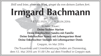 Traueranzeige von Irmgard Bachmann von WVG - Wochenspiegel Bitterfeld
