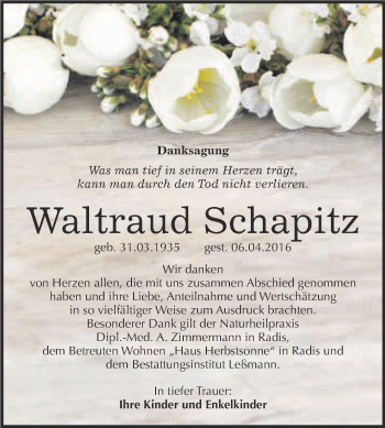Traueranzeige von Waltraud Schapitz von WVG - Wochenspiegel Wittenberg