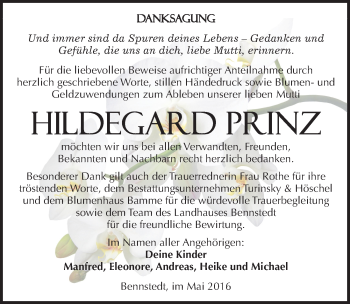 Traueranzeige von Hildegard Prinz von Mitteldeutsche Zeitung Halle/Saalkreis