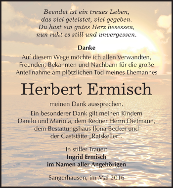 Traueranzeige von Herbert Ermisch von Mitteldeutsche Zeitung Sangerhausen